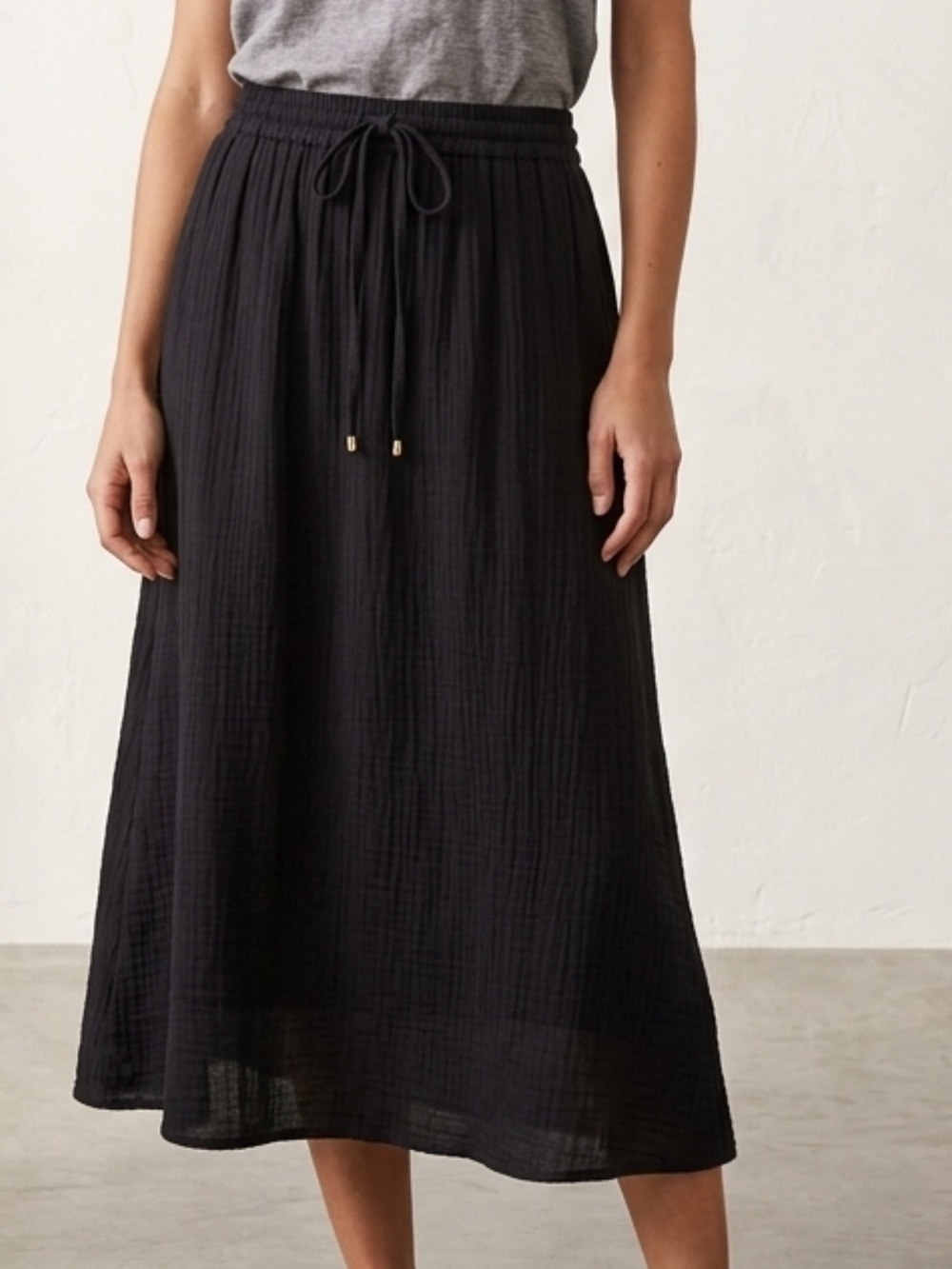 Johnny Was Black Midi GauzeCotton Elastic/Drawstring Waist Skirt EUC Size XL